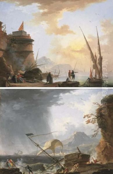 Le Temps Calme: Des Marchands
Turcs Et Des Pecheurs Relevant Leurs Filets A La Sortie D'un Port; Et La
Tempete : Des Hommes Au Secours D'un Navire Echoue Sur Des Rochers - view 1