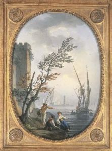 Trois Pecheurs Sur Des Rochers A La Sortie Du Port De Marseille, Dans Un Ovale Feint by Charles Francois Lacroix de Marseille