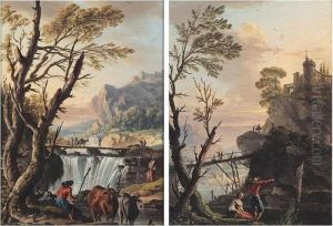 A River Landscape With A Drover Watering His Cattle Before A Bridge