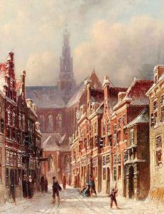 A Snowy Street With The St. Bavo Beyond, Haarlem by Pieter Gerard Vertin