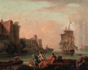 A Swedish Man-o'war Running Into
A Mediterranean Port; And Abeached Xebec In A Fortified Port by Charles Francois Lacroix de Marseille