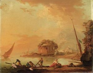 Fisherfolk Pulling In Their Nets
 At Dusk By A Mediterraneanharbour, A Classical Ruin Beyond