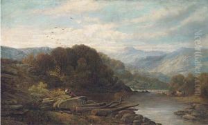 Cattle And Figures By A Lake In An Extensive Welsh Landscape by Benjamin Williams Leader
