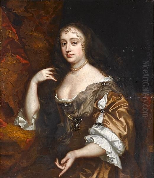 Portrait Of A Lady, Said To Be
Lady Temple, Seated Half-length, In A Brown Dress With A White Chemise,
Before An Embroidered Curtain - view 1