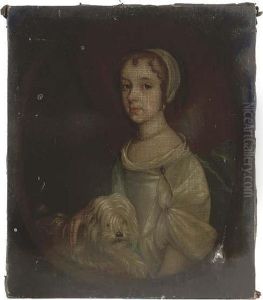 Portrait Of A Young Girl,
Presumably A Member Of The Mostyn Family, Wearing A White Satin Dress
With Blue Cloak, Holding A Dog by Sir Peter Lely