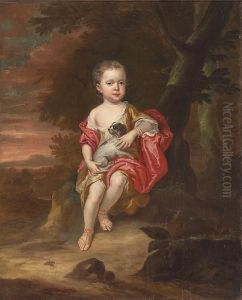 A Portrait Of A Young Boy, Full-length, Holding His Dog In An Extensive Landscape by Sir Peter Lely