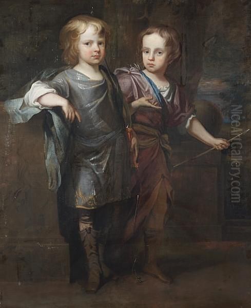 A Double Portrait Of Two Boys,
Standing Full-lengths, In Classical Costume, One Holding A Bow, The
Other An Arrow, A View To A Park Landscape Beyond - view 1