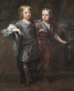 A Double Portrait Of Two Boys, 
Standing Full-lengths, In Classical Costume, One Holding A Bow, The 
Other An Arrow, A View To A Park Landscape Beyond