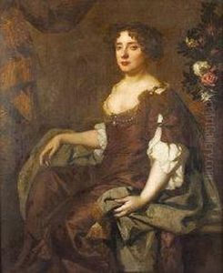 Half Length Portrait Of A Lady Seated Next To A Vase Of Flowers by Sir Peter Lely
