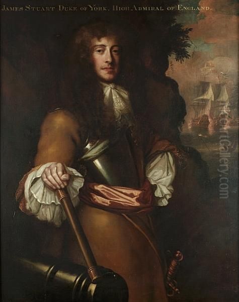 Portrait Of The Duke Of York,
Later King James Ii (1633-1701), Three-quarter-length, In A Buff Coat, A
Breastplate, Sash And A Lace Jabot, Holding A Baton, By A Cannon, A
View To A Naval Engagement Beyond - view 1