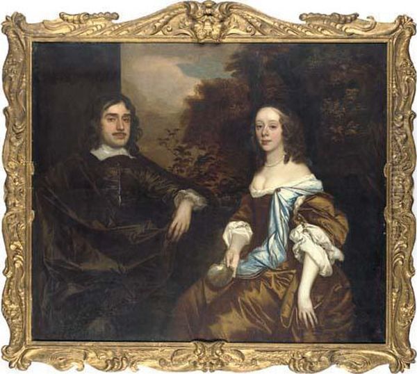 Double Portrait Of A Gentleman
And A Lady, Possibly Members Of The Temple Family Of Stowe, Half-length,
Seated In A Garden, He In A Dark Brown Suit And Cloak, She In A Brown
Dress With Blue Shawl, Holding A Scallop - view 1