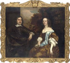 Double Portrait Of A Gentleman 
And A Lady, Possibly Members Of The Temple Family Of Stowe, Half-length,
 Seated In A Garden, He In A Dark Brown Suit And Cloak, She In A Brown 
Dress With Blue Shawl, Holding A Scallop by Sir Peter Lely