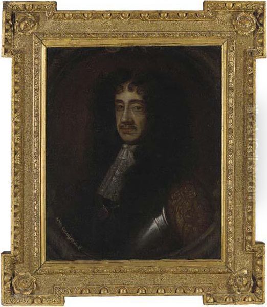 Portrait Of King Charles Ii
(1630-1685), Quarter-length, In Armourand A Jabot, In A Sculpted
Cartouche - view 1