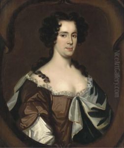 Portrait Of A Lady, Half-length, In A Brown Dress And Blue Wrap, Ina Sculpted Cartouche