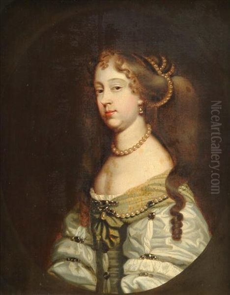 Portraitof A Lady Wearing A
String Of Pearls Around Her Neck, And Pearls Inher Hair And Dress, Bust
Length - view 1