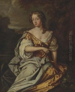 Portrait Of A Lady, Full Length,
 In A Golden Dress And Blue Silkshawl, Seated In A Landscape