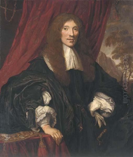 Portrait Of A Gentleman,
Half-length, In A Black Gown With Lacecollar And Cuffs, His Right Hand
Resting On A Table, A Red Curtainand Landscape Beyond - view 1