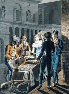 Nightlife in Philadelphia - an Oyster Barrow in front of the Chestnut Street Theater by John Lewis Krimmel