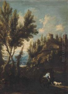 A Landscape With Cattle And A Mounted Shepherd With His Flock by Alessandro Magnasco