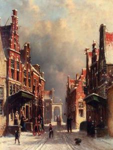 A Town View In Winter With Figures Conversing On Porches And Children Throwing Snowballs by Pieter Gerard Vertin