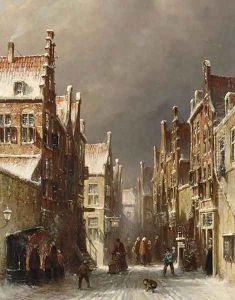 Figures in the Snow Covered Streets of a Dutch Town by Pieter Gerard Vertin