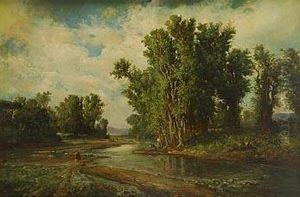 Paisaje Arbolado Con Figuras Alrededor De Un Rio by Ramon Marti Y Alsina