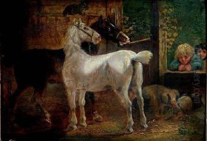 Horses And Pigs In A Stable Overlooked By Two Children
