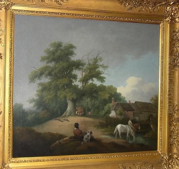 Horses Watering By A Woodland Farmstead - view 1