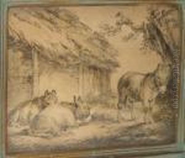 Donkeys By A Thatched Byre - view 1