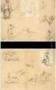 Two Sheets Of Studies With Peasants, Legs, Horses And Sportsmen by George Morland