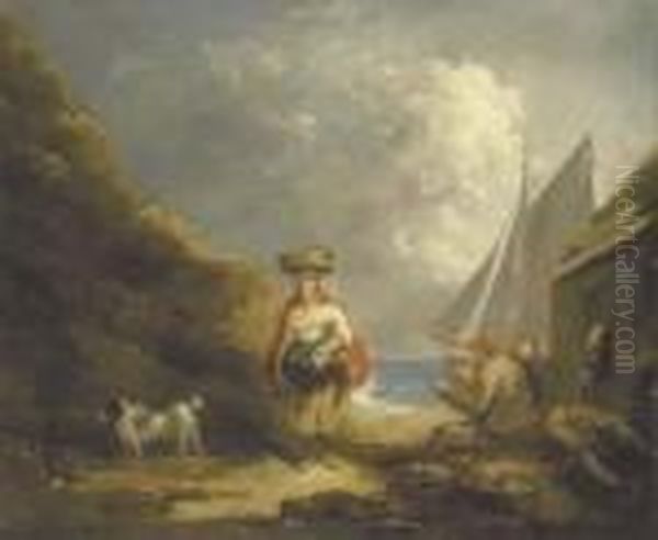 A Young Girl, On A Coastal Path, Passing Fishermen Drinking Outsidea Cottage - view 1