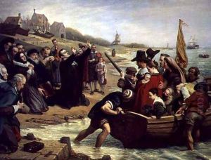 The Pilgrim Fathers: Departure of a Puritan Family for New England, 1856