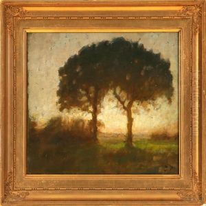 Two Oaks At Sunset by Julius Paulsen