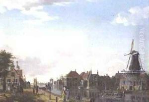 Dutch Canal Scene with Elegant Figures and a Mill, 1877 by Isaak Ouwater