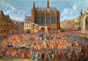 The Departure of Louis XV 1710-74 from Sainte-Chapelle after the lit de justice which ended the reign of Louis XIV 1638-1715 12th September 1715 1735 2 by Pierre-Denis Martin