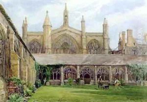 New College cloisters with gardener by John Fulleylove