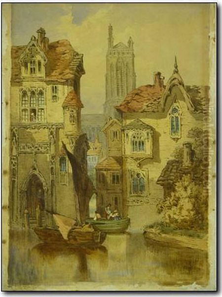 Flemish Canalscene With Figures On Small Boats Amongst Houses - view 1