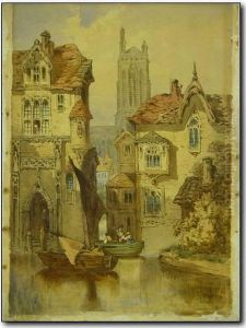 Flemish Canalscene With Figures On Small Boats Amongst Houses by Samuel Prout