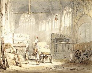Both Depicting It Being Usedas A Barn Or Warehouse, With Figures Unloading Carriages