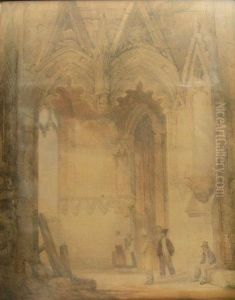 Figures Inside A Cathedral Entrance