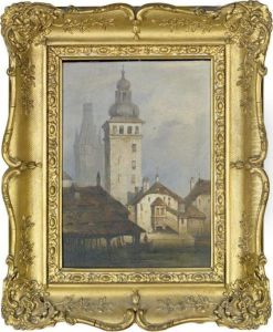 Towers In A German Town With Boats Passing On A River Below