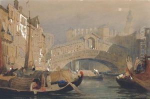 The Rialto Bridge, Venice; And View Of Basle by Samuel Prout
