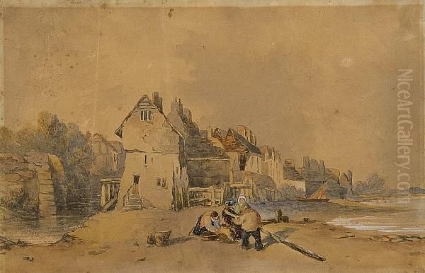 Shore Scene With Buildings And Figures - view 1