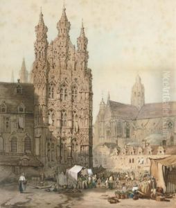 Market Day In The Square Before Leuven Cathedral And City Hall, Belgium by Samuel Prout