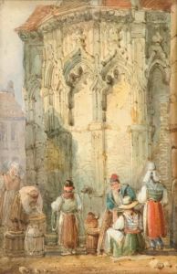 Figures At A Fountain by Samuel Prout