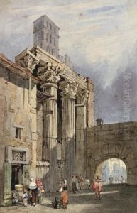 Figures Bathed In Sunlight On A Continental Street by Samuel Prout