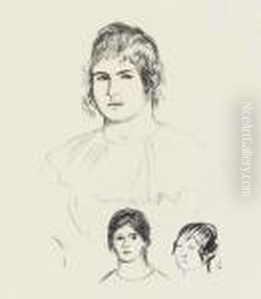 Trois Esquisses De Visage Or Jeune Fille En Buste Et Etudes De Tetes - view 1