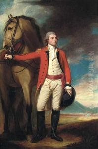 Portrait Of Major James Hartley,
 Full-length, In Uniform, Holdinghis Horse, A Formation Of Soldiers Near
 A Mountain Beyond
