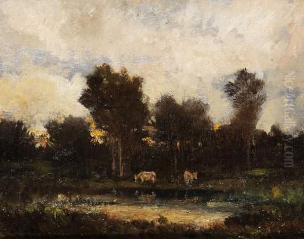 Vaches Dans Un Pre Au Soleil Couchant - view 1