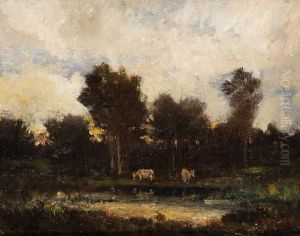 Vaches Dans Un Pre Au Soleil Couchant by Theodore Rousseau